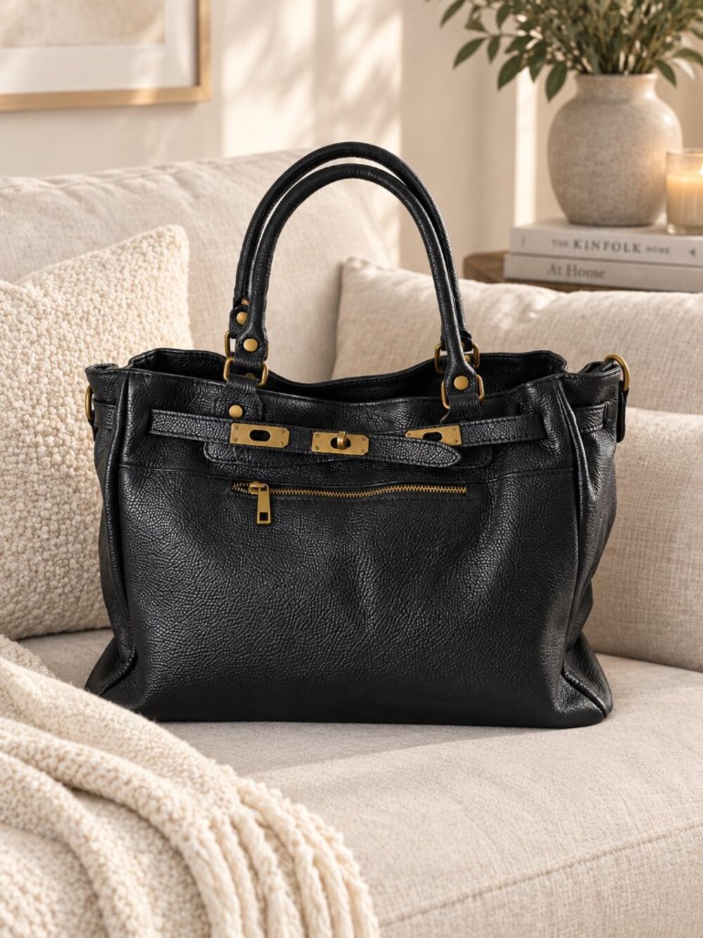 Black Large Leather Tote Bag, Italian Genuine Leather Work Bag, Vintage Purse
